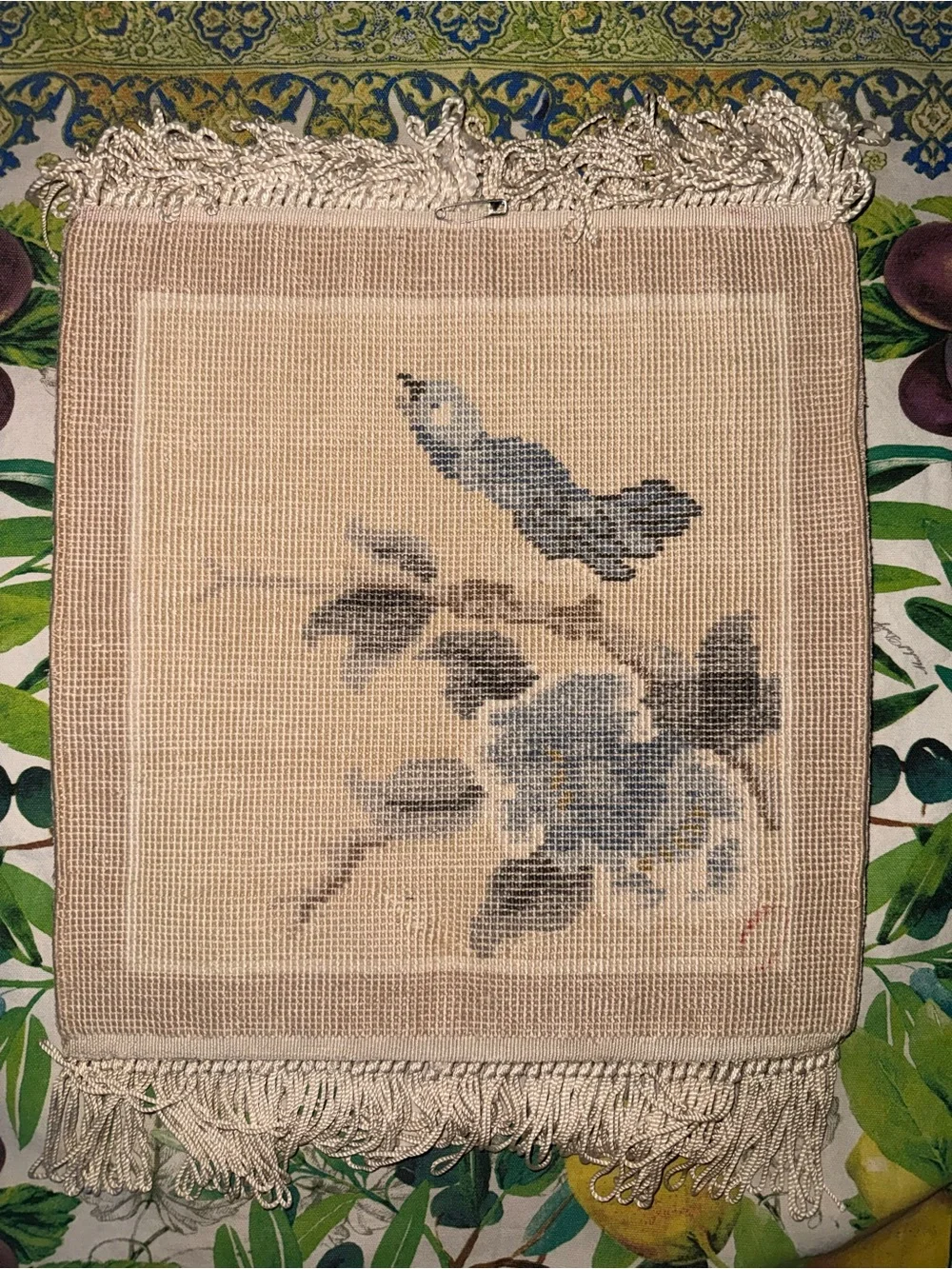 Vtg. Chinese hand-woven silk rug with bird and floral motifs.